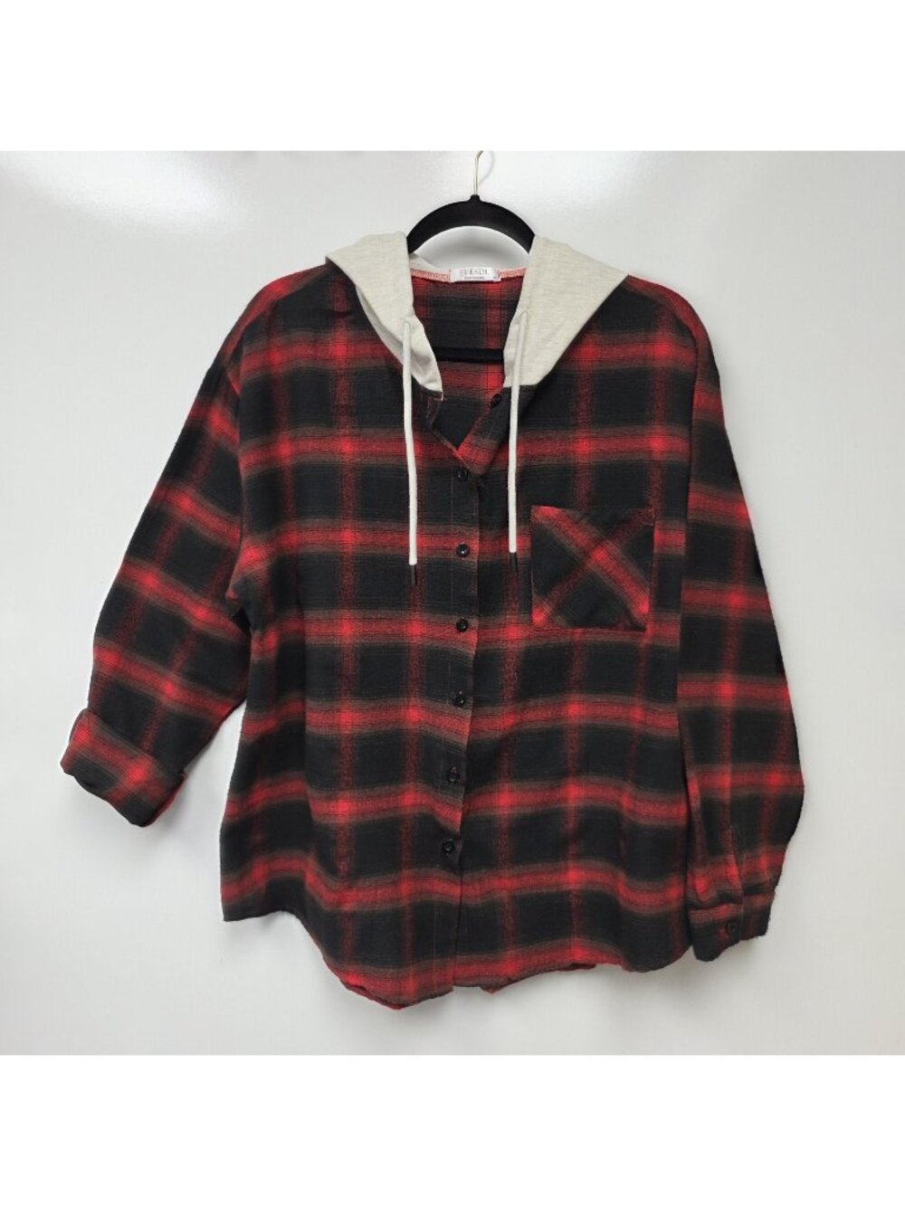 ELESOL Shirt Womens XL Red Black Plaid Hooded Button Front Flannel Top